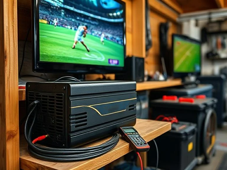 A 2000 watt power inverter connected to a large flat-screen TV in a cozy living room setting. 
