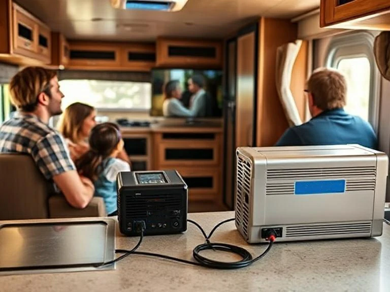 A family watching TV in an RV during a camping trip, with a 2000 watt power inverter clearly visible on the counter connected to a battery bank.