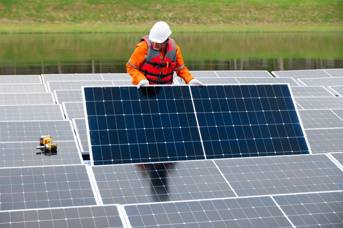 Operario installa pannelli fotovoltaici in un impianto galleggiante, beneficiando degli incentivi per le imprese.