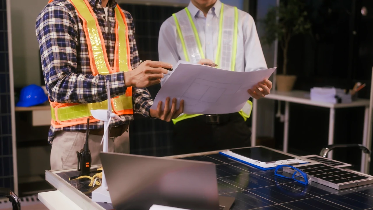 In un ufficio, alcuni ingegneri esaminano i disegni tecnici per pianificare un progetto fotovoltaico conforme alle normative DNSH.