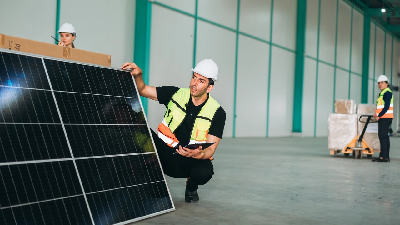 Pannello solare fotovoltaico ispezionato da un tecnico in un magazzino, utilizzato per verificare la qualità dei componenti prima dell'installazione e garantire l'affidabilità del progetto.
