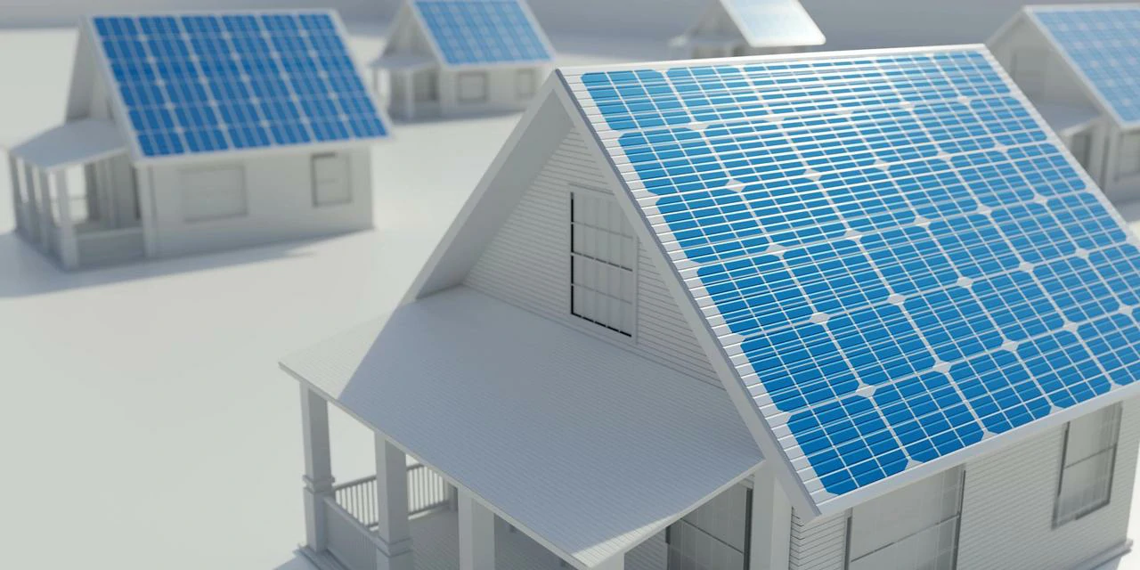 Rendering 3D di pannelli solari su case residenziali, per illustrare l'installazione di sistemi fotovoltaici in un condominio.