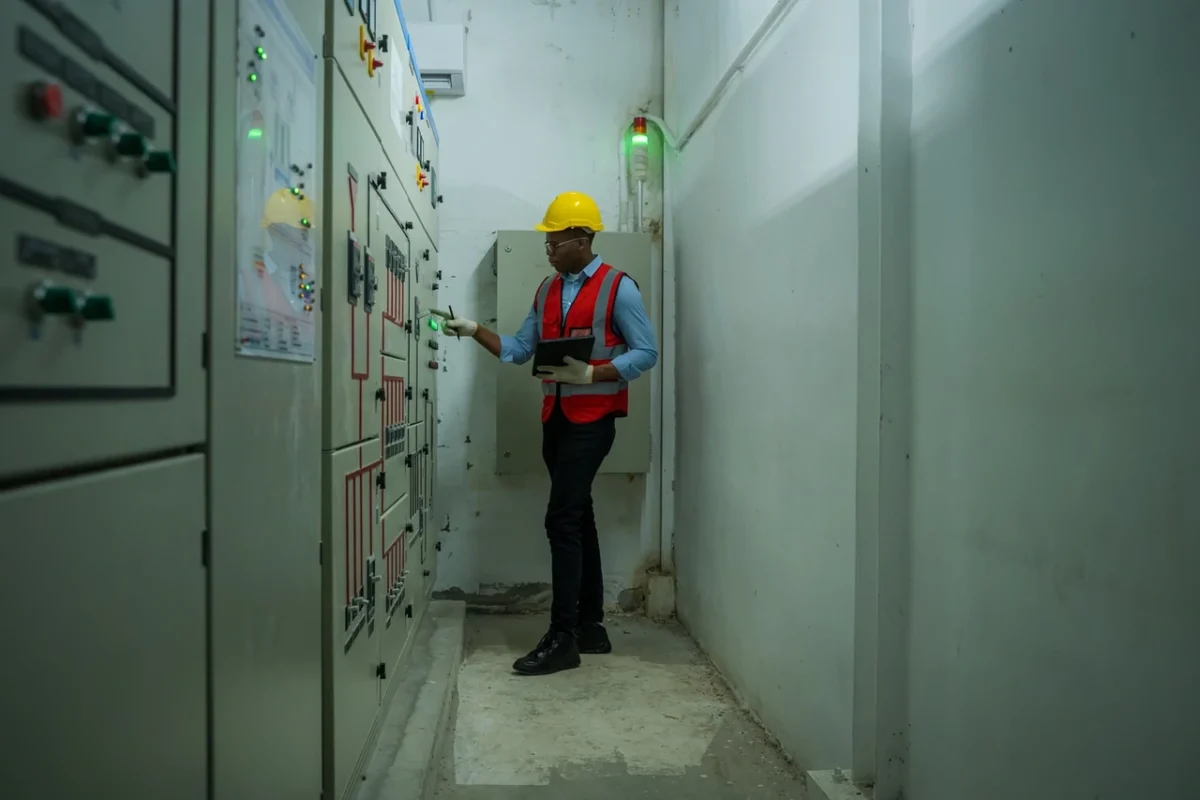 Ingegnere verifica il funzionamento dei dispositivi AFCI per la protezione da archi elettrici.