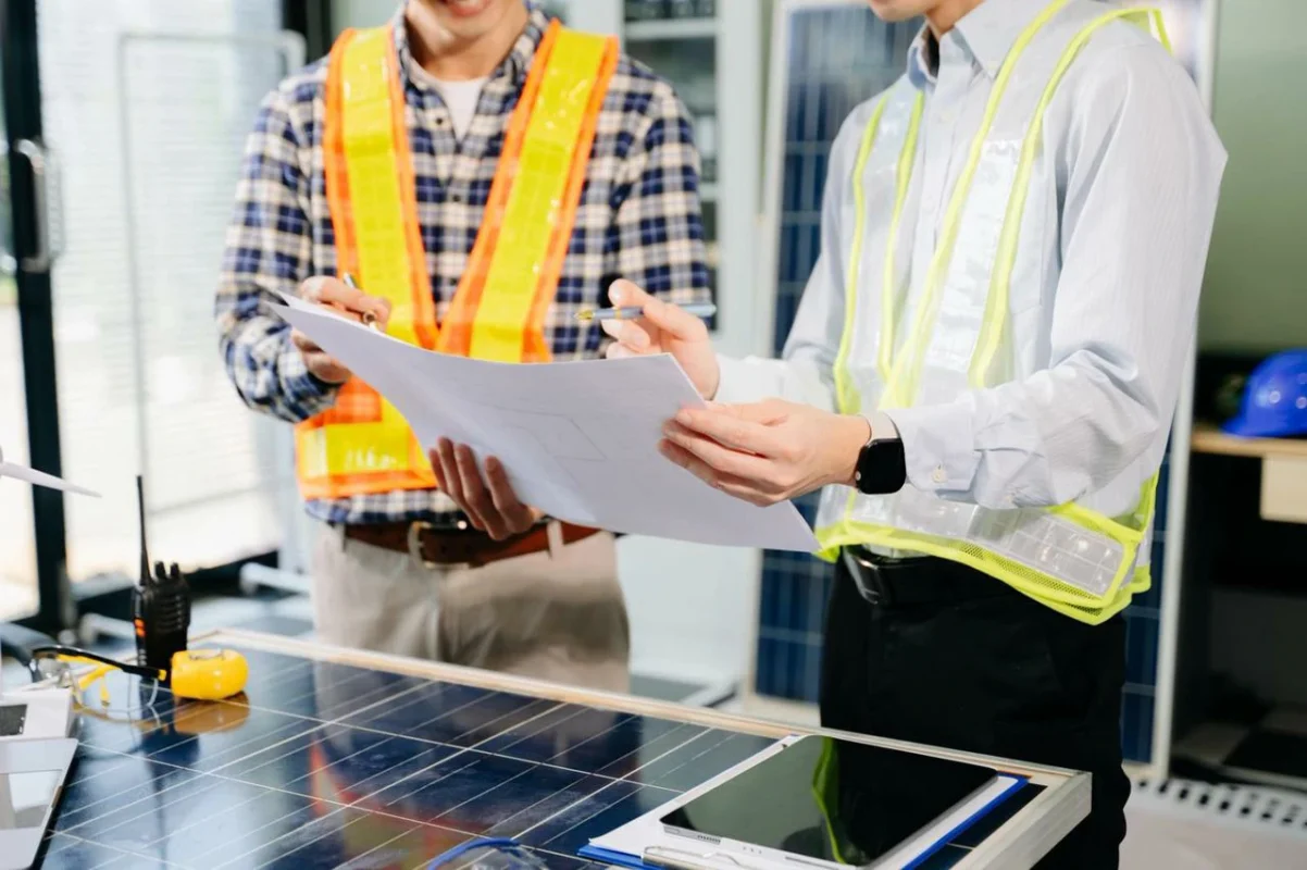 Due tecnici certificati per l'installazione fotovoltaica, studiano i progetti in ufficio, garantendo la sicurezza e l'efficienza del sistema.