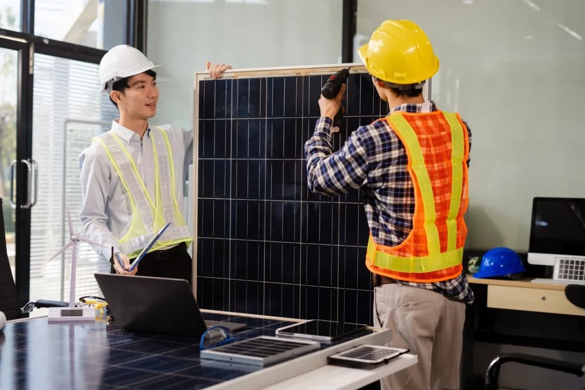 Due ingegneri lavorano su un pannello fotovoltaico, progettando un sistema con inverter ibridi in parallelo.