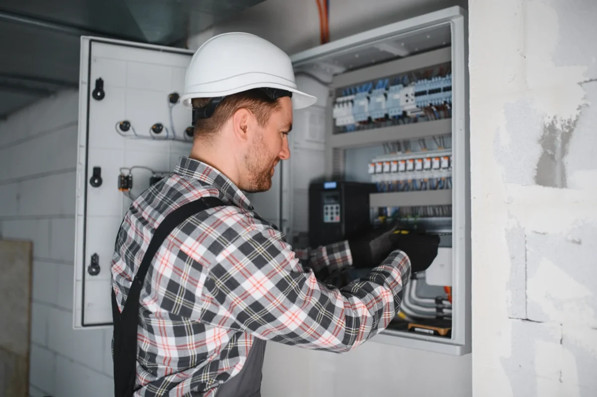 Elettricista installa dispositivi AFCI in un quadro elettrico per la protezione da archi elettrici.