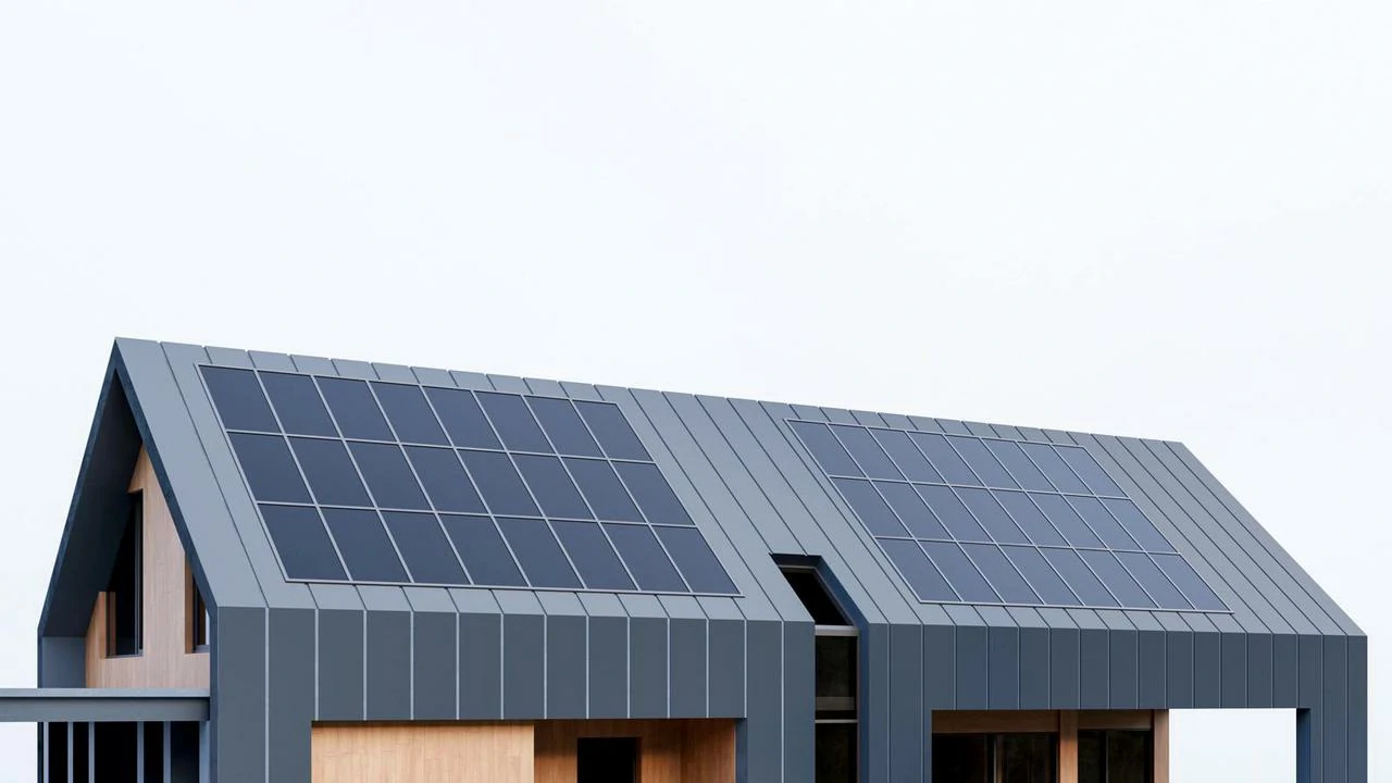 Pannelli solari integrati nel tetto di una casa moderna per la produzione di energia elettrica off-grid.