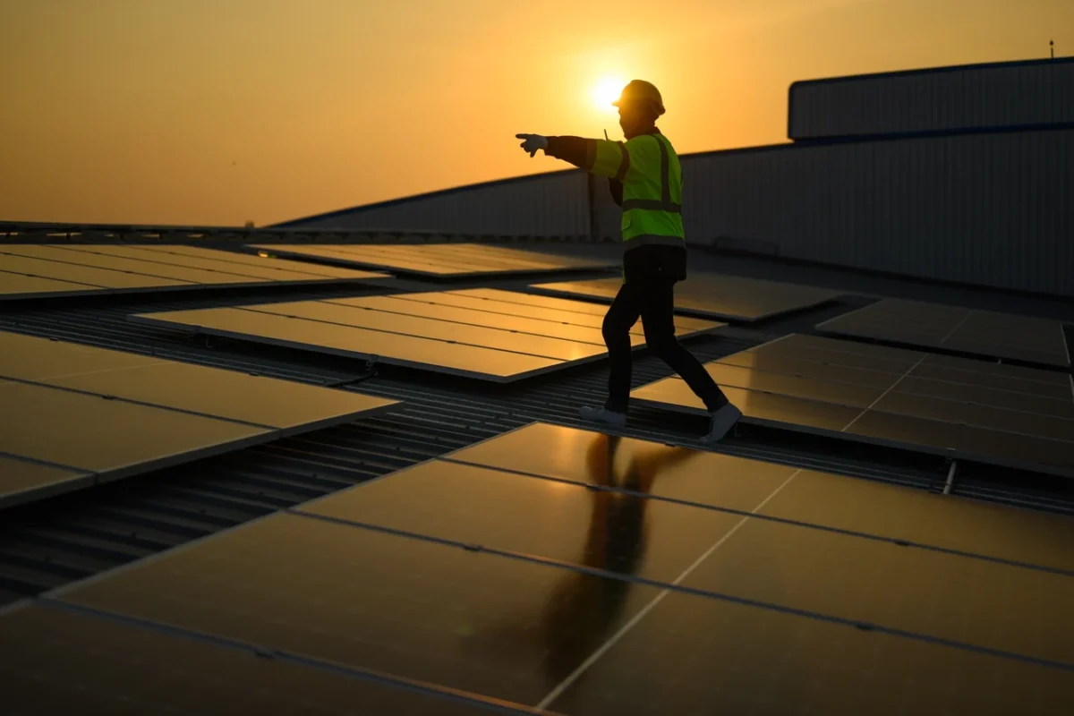 Tecnico ispeziona pannelli fotovoltaici su tetto industriale, sfruttando gli incentivi per le imprese.