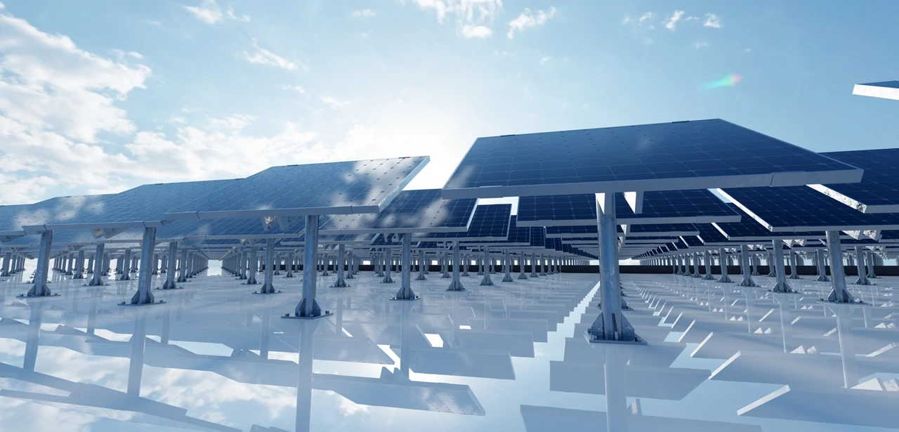 Rappresentazione grafica di un impianto solare a terra di grandi dimensioni, utilizzato per la produzione di energia rinnovabile su scala industriale al fine di soddisfare il fabbisogno energetico regionale.