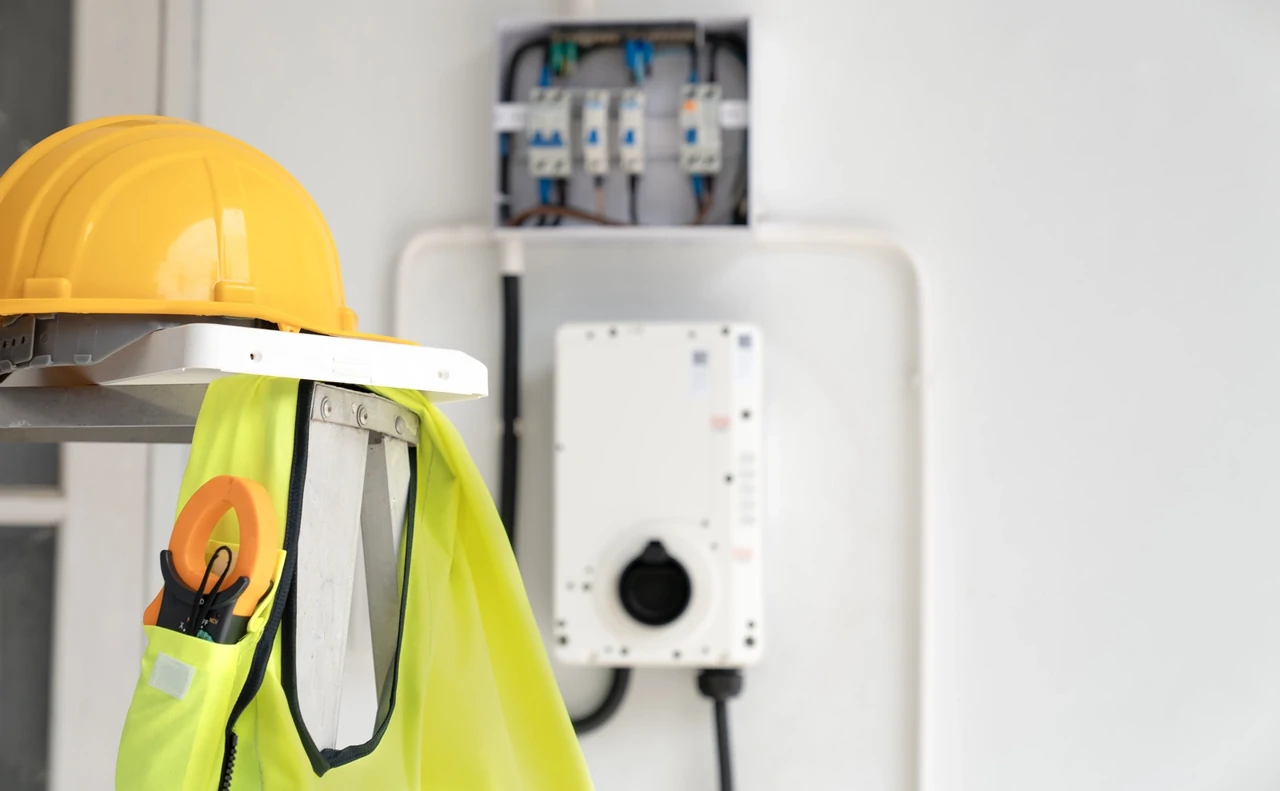 Casco e attrezzature di sicurezza accanto a un quadro con protezione AFCI contro archi elettrici.