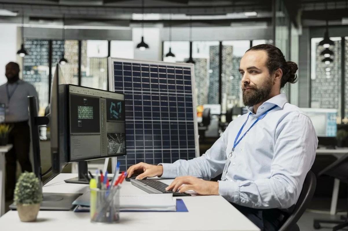 Un ingegnere di energia rinnovabile analizza i dati di prestazione dei pannelli solari su un computer in un ufficio moderno, ottimizzando la gestione dei carichi fotovoltaici.