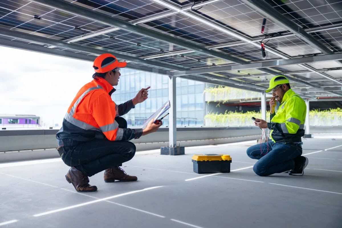 Technicians inspecting a rooftop solar system with tools, used for performance testing and maintenance to ensure optimal energy output.