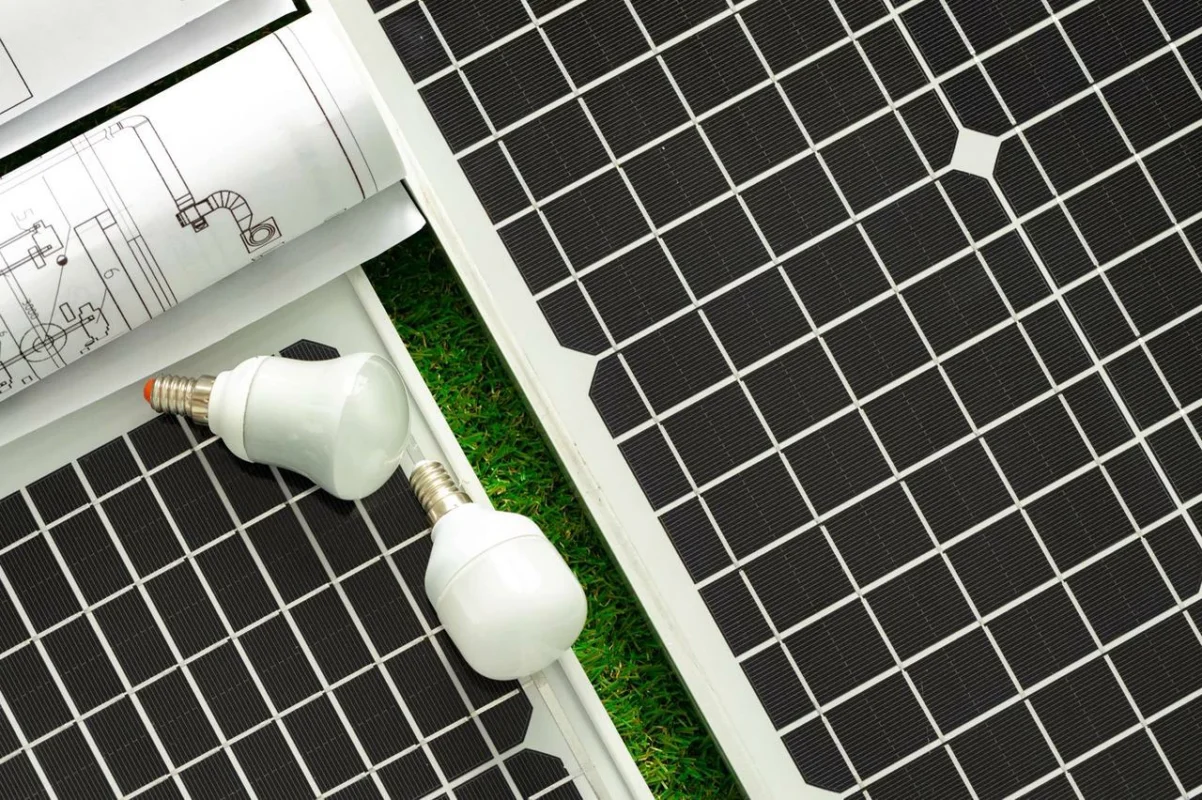 Pannelli fotovoltaici e lampadine a LED, per mostrare l'efficienza energetica e il risparmio in un condominio.