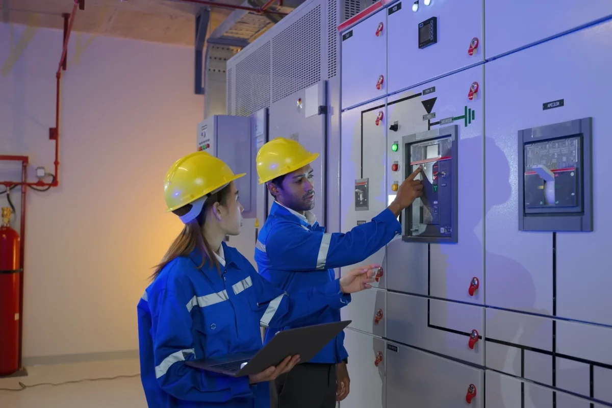 Tecnici controllano i sistemi di protezione da archi elettrici AFCI in un impianto industriale.