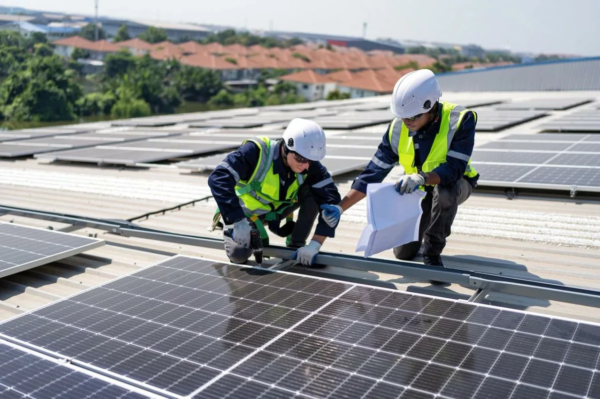 Installatori certificati lavorano sul tetto, montando i pannelli solari e consultando i disegni per rispettare le normative di certificazione.