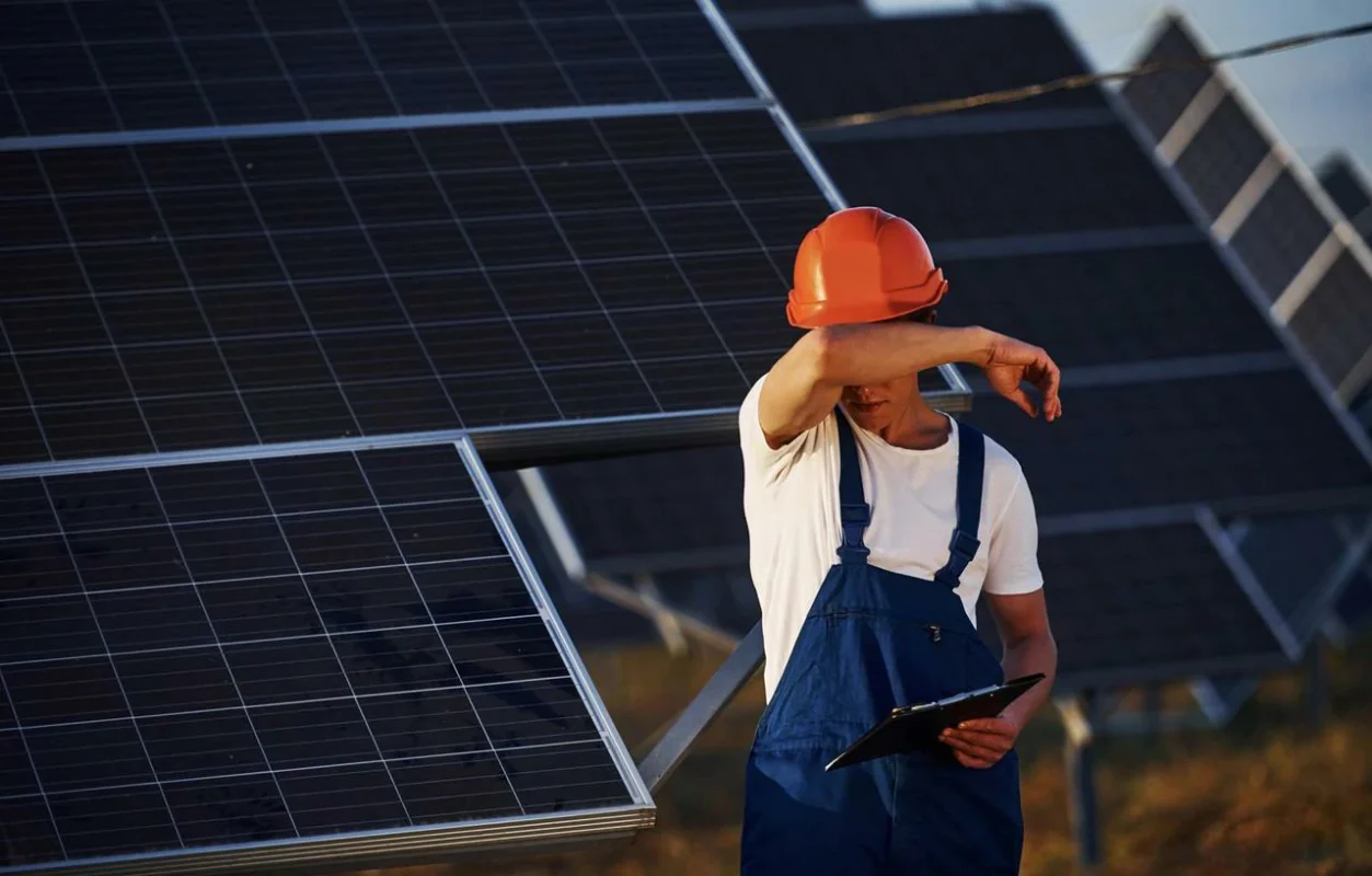 Un tecnico con casco arancione ispeziona i pannelli solari in un impianto fotovoltaico.