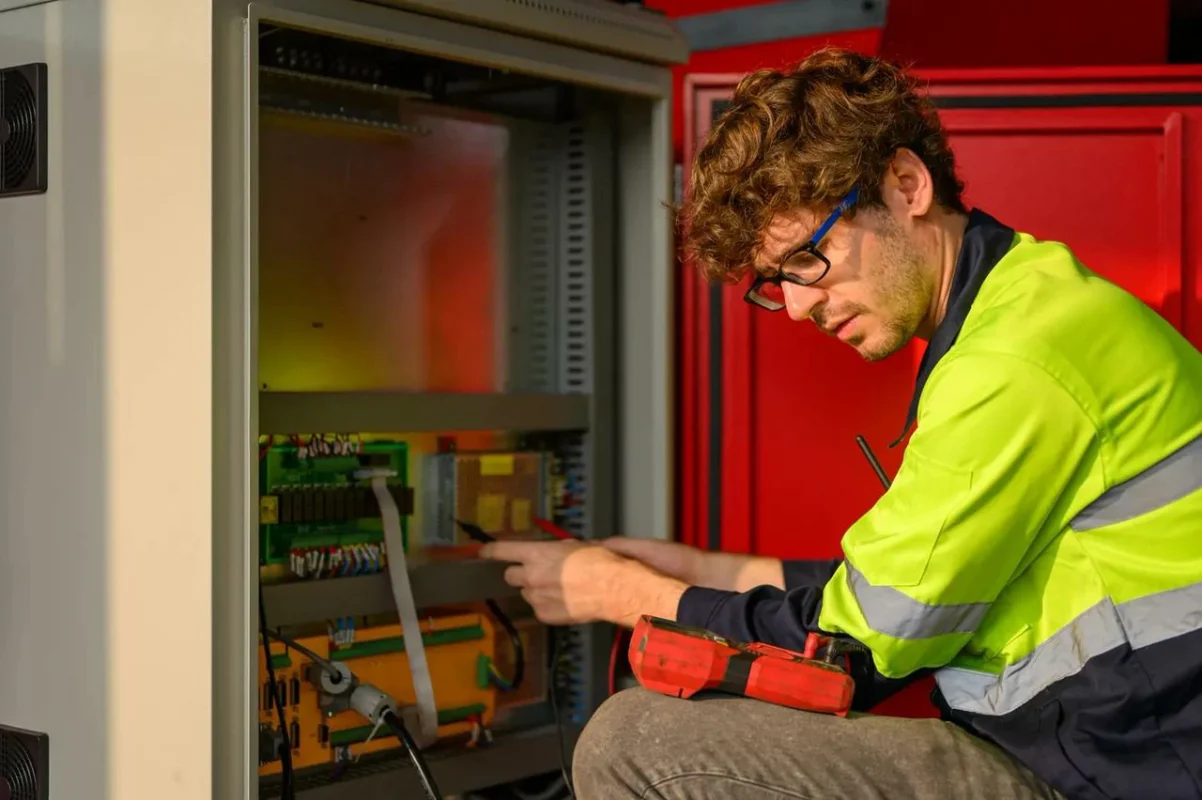 Un tecnico verifica i circuiti di un inverter ibrido da 15kW per garantire il corretto funzionamento.