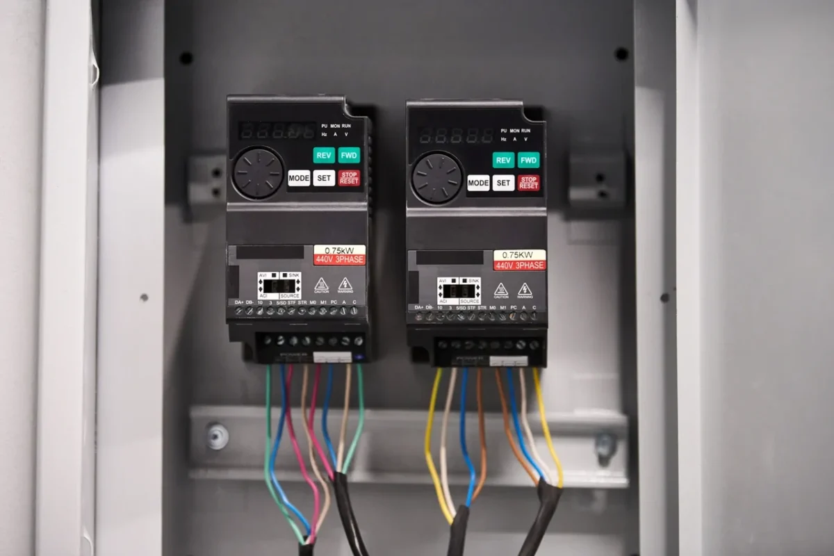 Due inverter trifase da 0,75 kW a 440 V installati in un quadro elettrico, utilizzati per controllare la velocità del motore e generare distorsione armonica in sistemi industriali e HVAC.