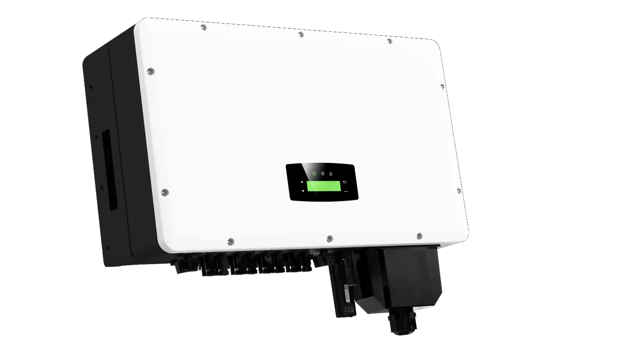 Inverter fotovoltaico da 20kW in versione prodotto, mostrando il design e le porte di connessione per l'impianto solare.