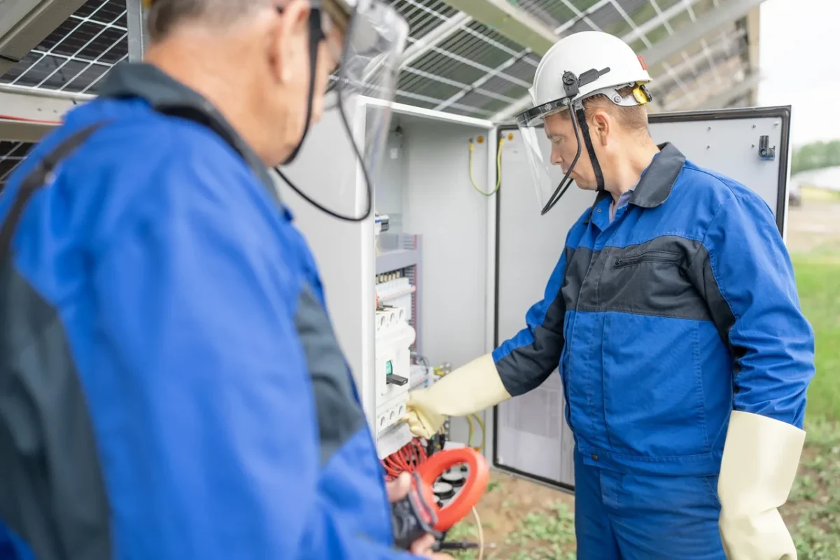 Tecnici qualificati, muniti di dispositivi di protezione individuale, ispezionano e testano la centralina di controllo di un impianto fotovoltaico per diagnosticare guasti elettrici e garantirne il funzionamento in sicurezza.