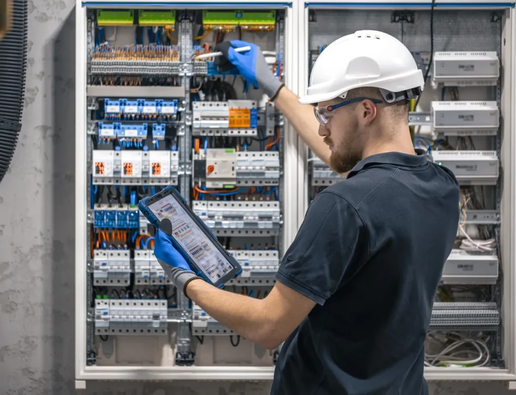 Un tecnico, indossando dispositivi di protezione individuale, ispeziona un complesso quadro di distribuzione elettrica con un tablet, eseguendo in loco controlli sulla qualità dell'energia per rilevare distorsioni armoniche provenienti dagli inverter.