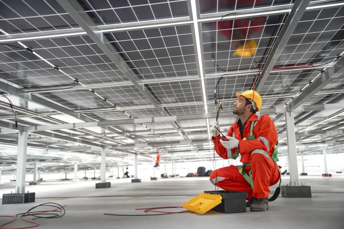 Tecnico specializzato esegue controlli elettrici e manutenzione su un impianto fotovoltaico industriale, garantendo affidabilità e performance nel tempo.