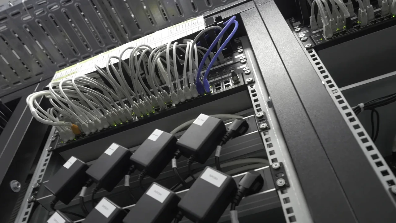 A server rack with structured network cabling and power supplies, representing distributed electrical systems where multiple inverters can accumulate harmonic distortion.