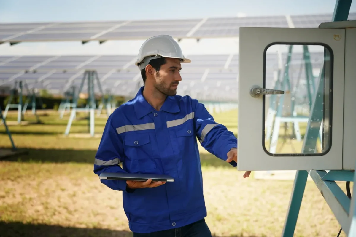 Tecnico con tablet ispeziona l'armadio di controllo di un impianto fotovoltaico da 20kW, monitorando i parametri dell'inverter.