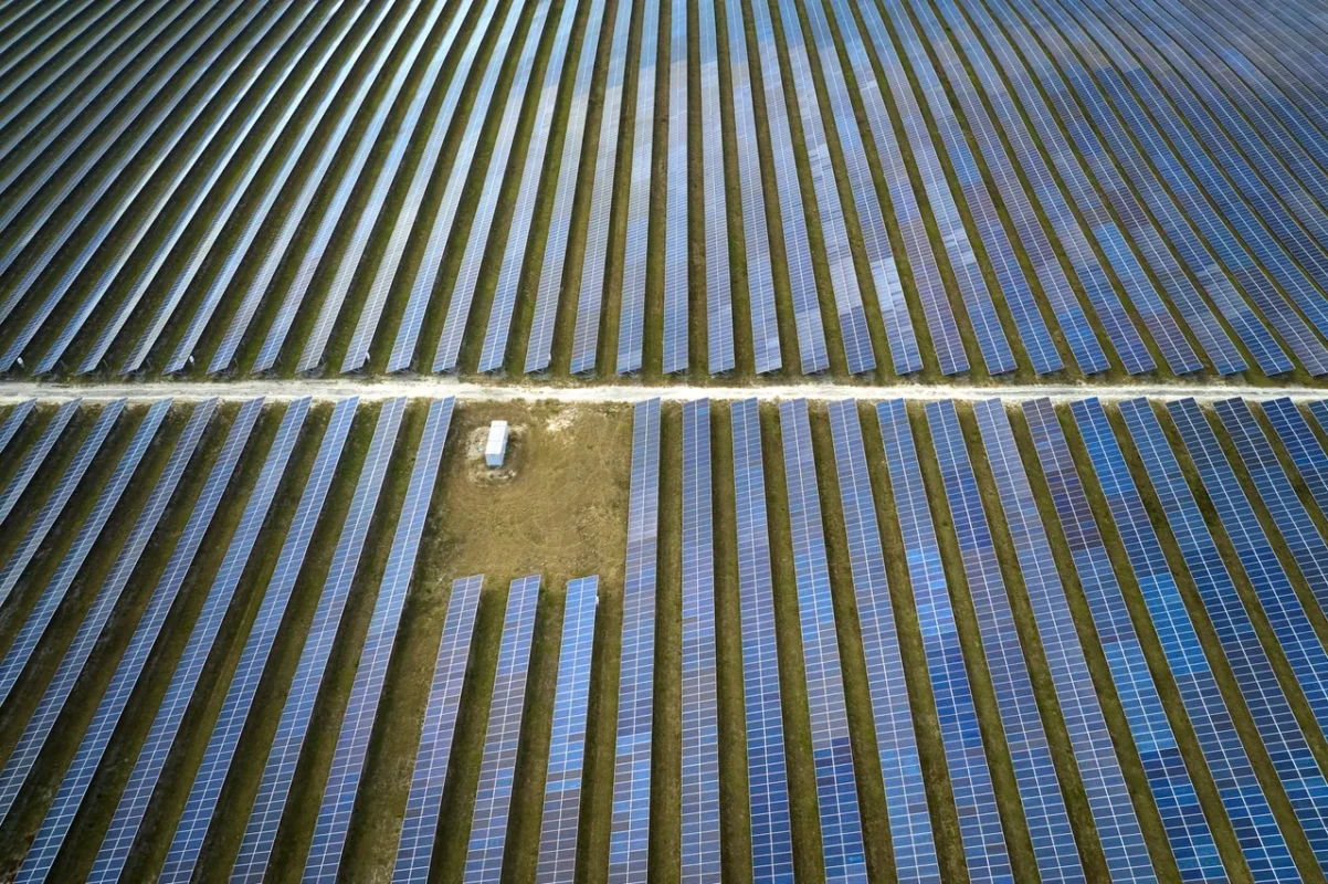 Dettaglio aereo di pannelli fotovoltaici in fila, rappresentando la diffusione del solare nel paesaggio veneto.