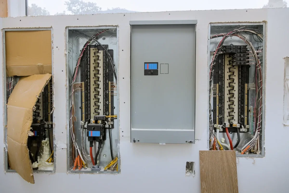 Quadro di distribuzione elettrica con interruttori automatici e cablaggio integrati nell'impianto elettrico dell'edificio per una distribuzione sicura dell'energia e il collegamento di un impianto fotovoltaico.