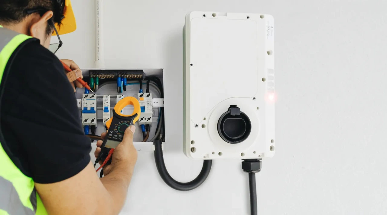An electrician uses a clamp meter to test an EV charging station and its associated distribution box, analyzing harmonic distortion introduced by EV charging inverters into the grid.