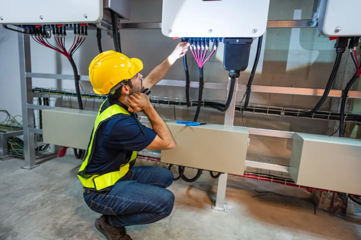 Tecnico in cantiere che controlla i collegamenti di un inverter fotovoltaico.