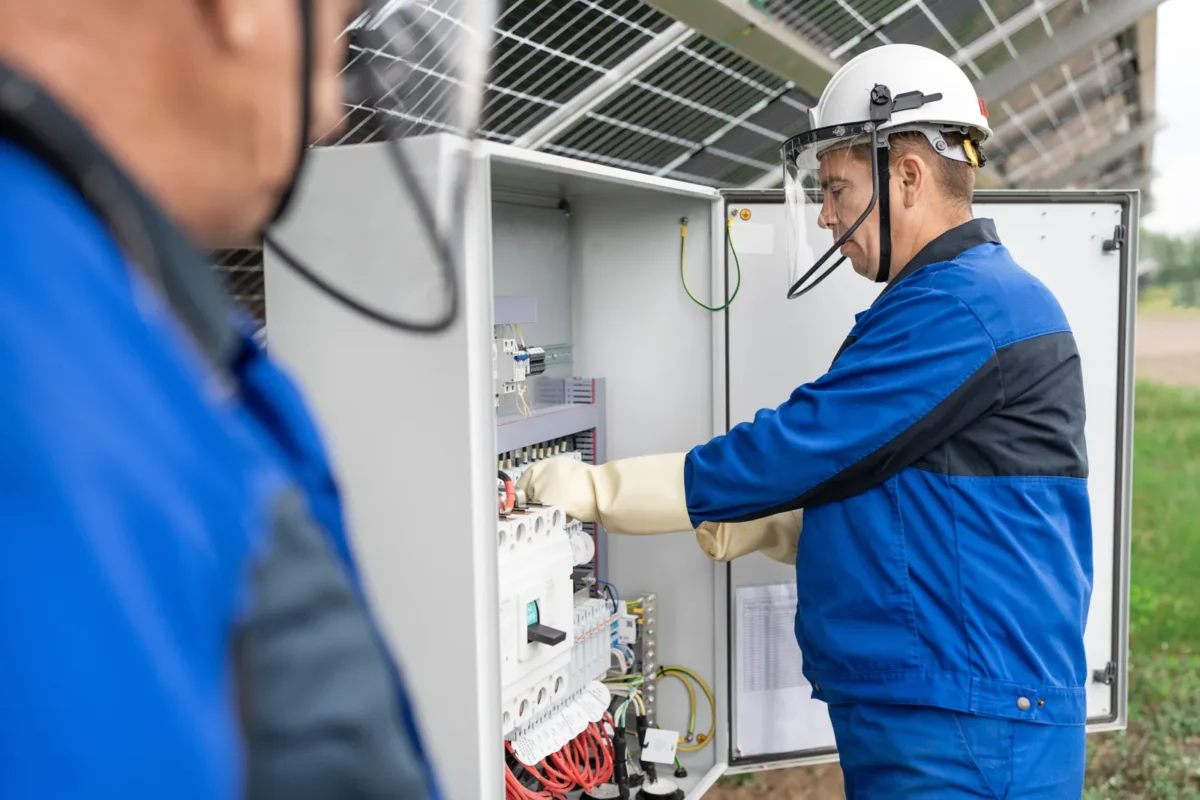 Un operatore sistema i collegamenti elettrici dell'inverter dell'impianto solare a terra.