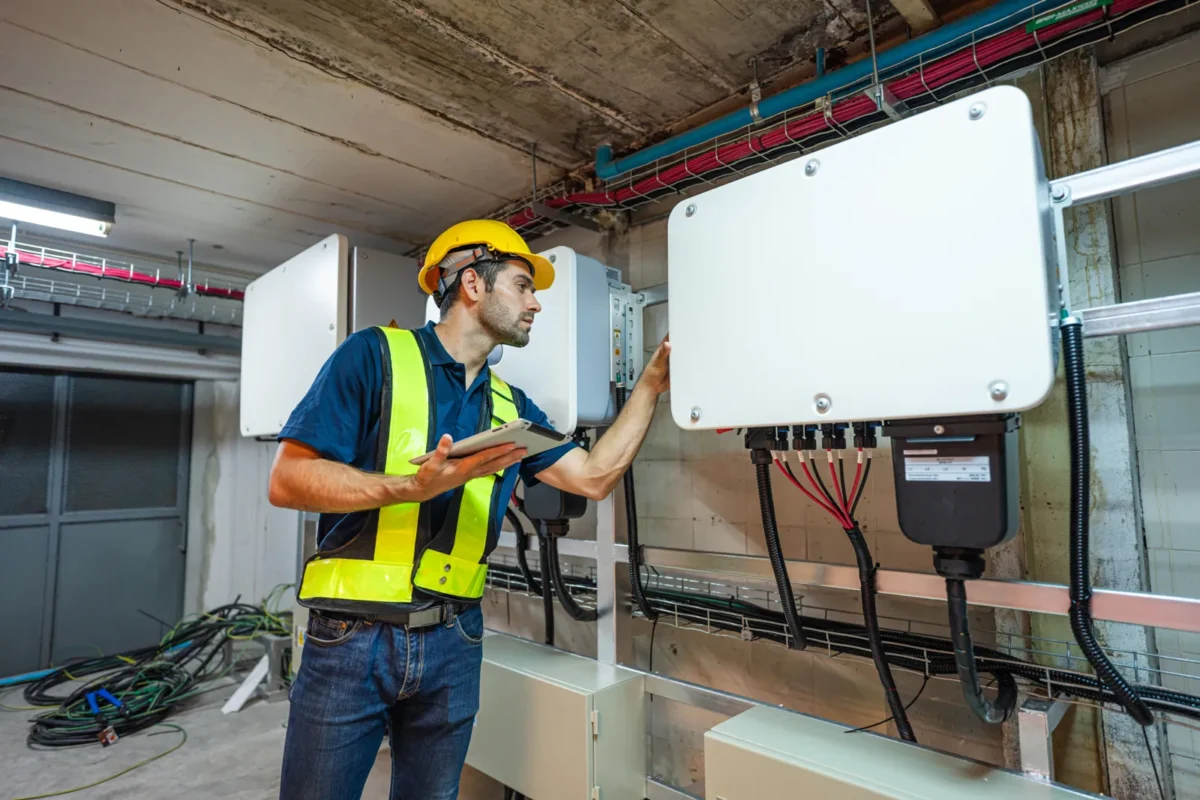 Il tecnico controlla gli inverter per fotovoltaico con prezzi competitivi all'ingrosso.