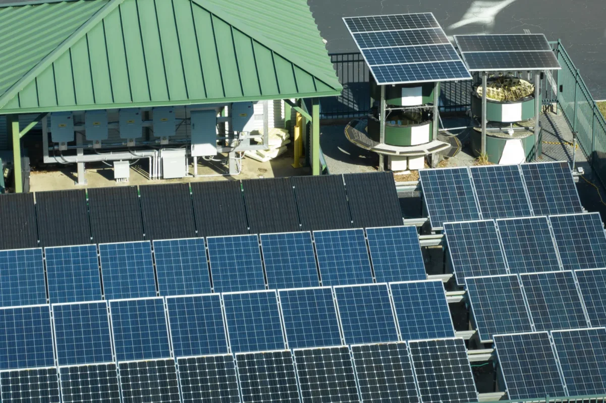 I pannelli solari alimentano i sistemi di accumulo fotovoltaico per uso industriale.