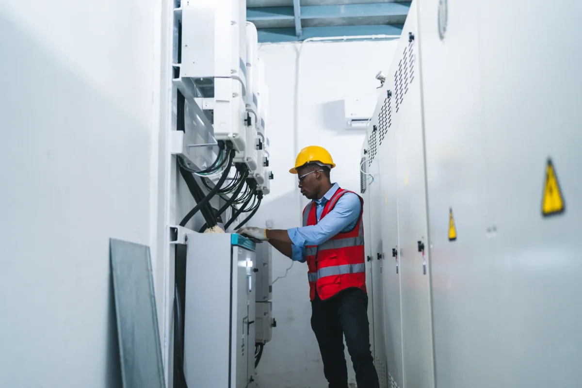 Il tecnico controlla i dispositivi di accumulo fotovoltaico per grandi punti vendita.