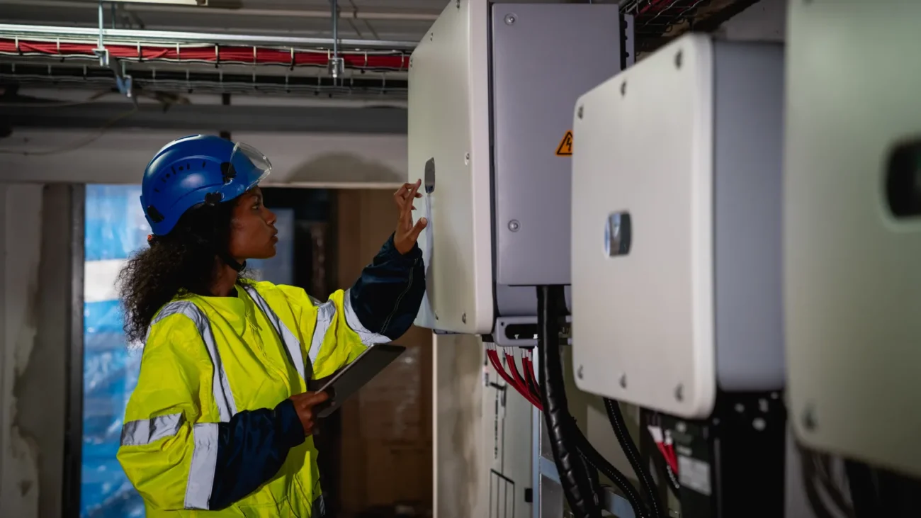 Tecnico verifica gli inverter ibridi in un impianto fotovoltaico