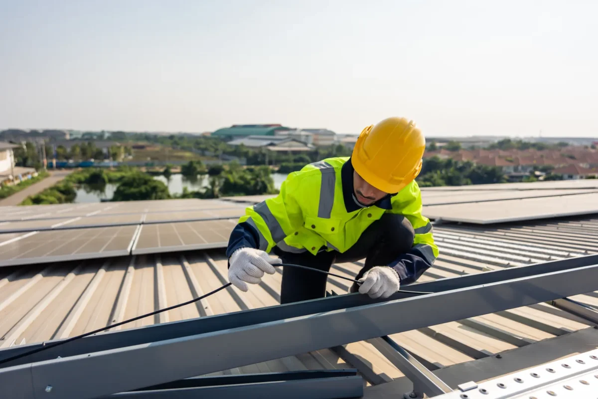 Tecnico installa e ispeziona cavi solari su tetto, operando con sicurezza e attenzione.