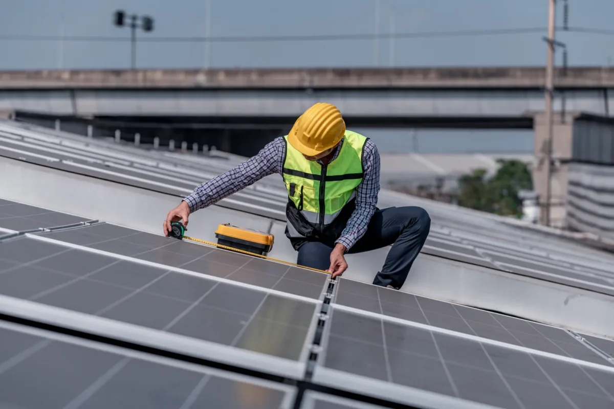 Il tecnico misura i pannelli per le operazioni di revamping fotovoltaico industriale.