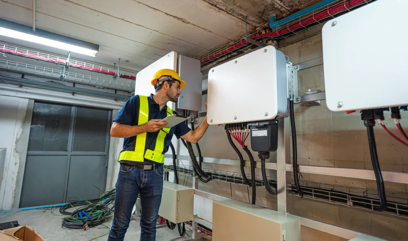 Technician examining solar inverter unit in utility room, electrical maintenance