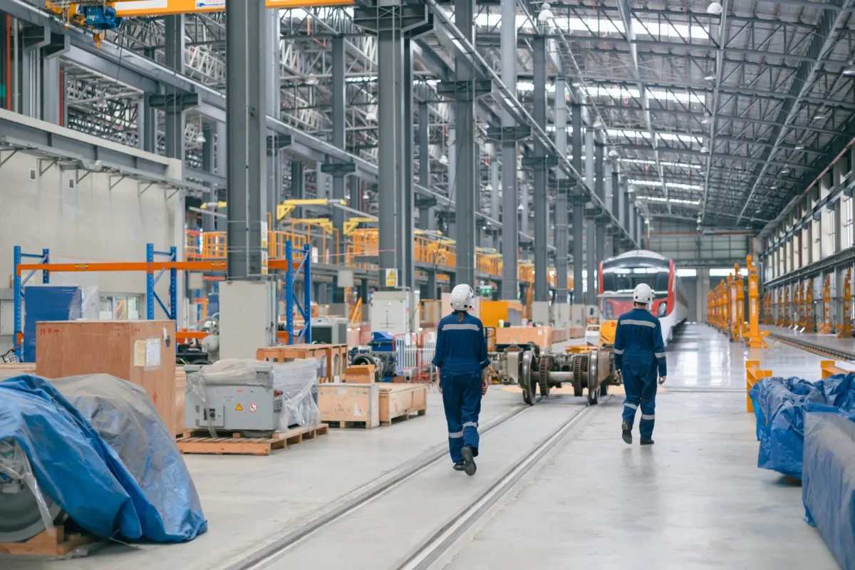Workers walking through large industrial manufacturing facility with rail equipment