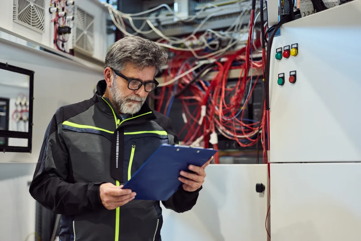 Ingegnere verifica i dati di un impianto fotovoltaico su quadro elettrico.