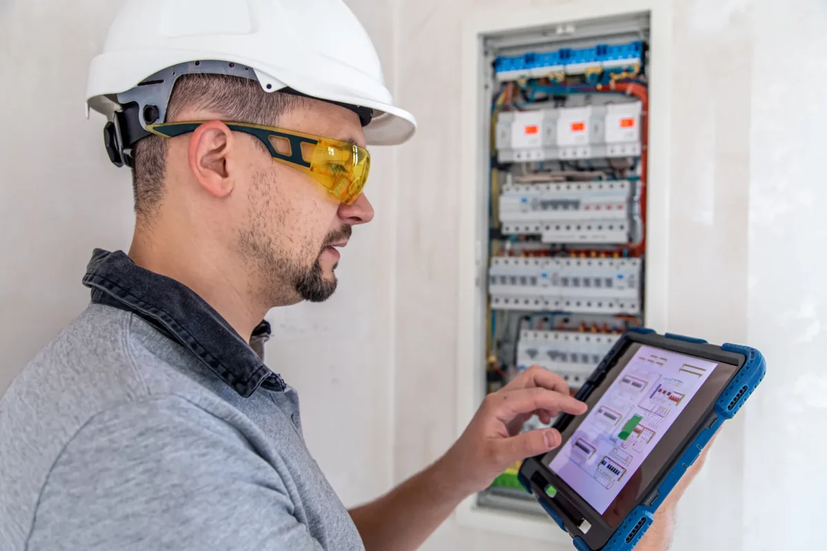 Tecnico che controlla un impianto fotovoltaico con inverter monofase, consultando lo schema elettrico su tablet.