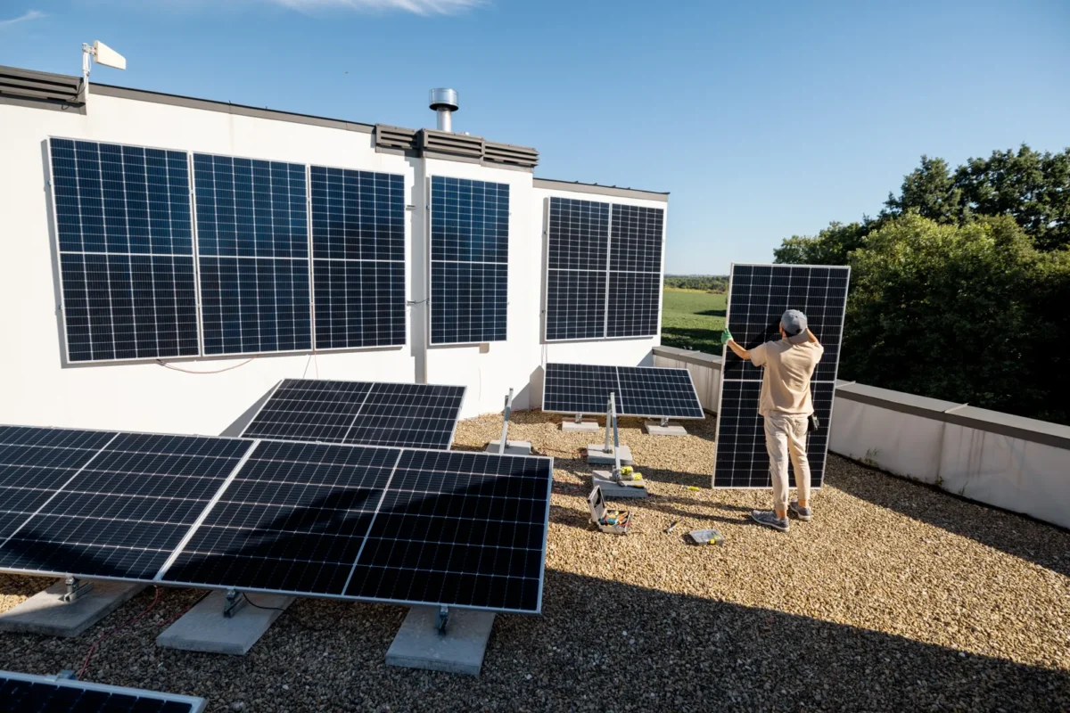 Un operaio installa i pannelli di un impianto che utilizza un inverter trifase.