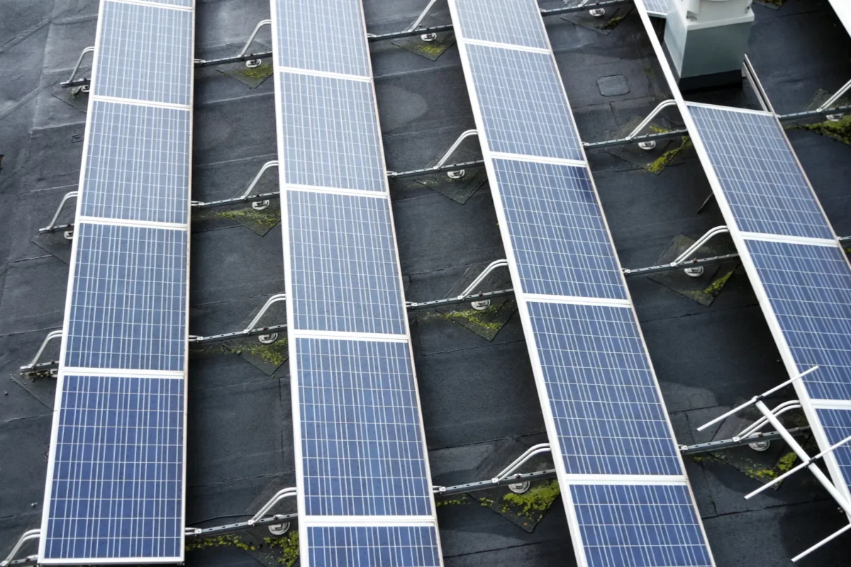 Pannelli fotovoltaici montati su supporti, su un tetto piano.