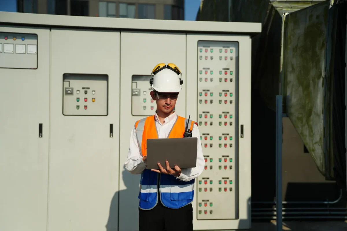 Ingegnere con laptop controlla EMS gestione energia impianto accumulo fotovoltaico aziendale.