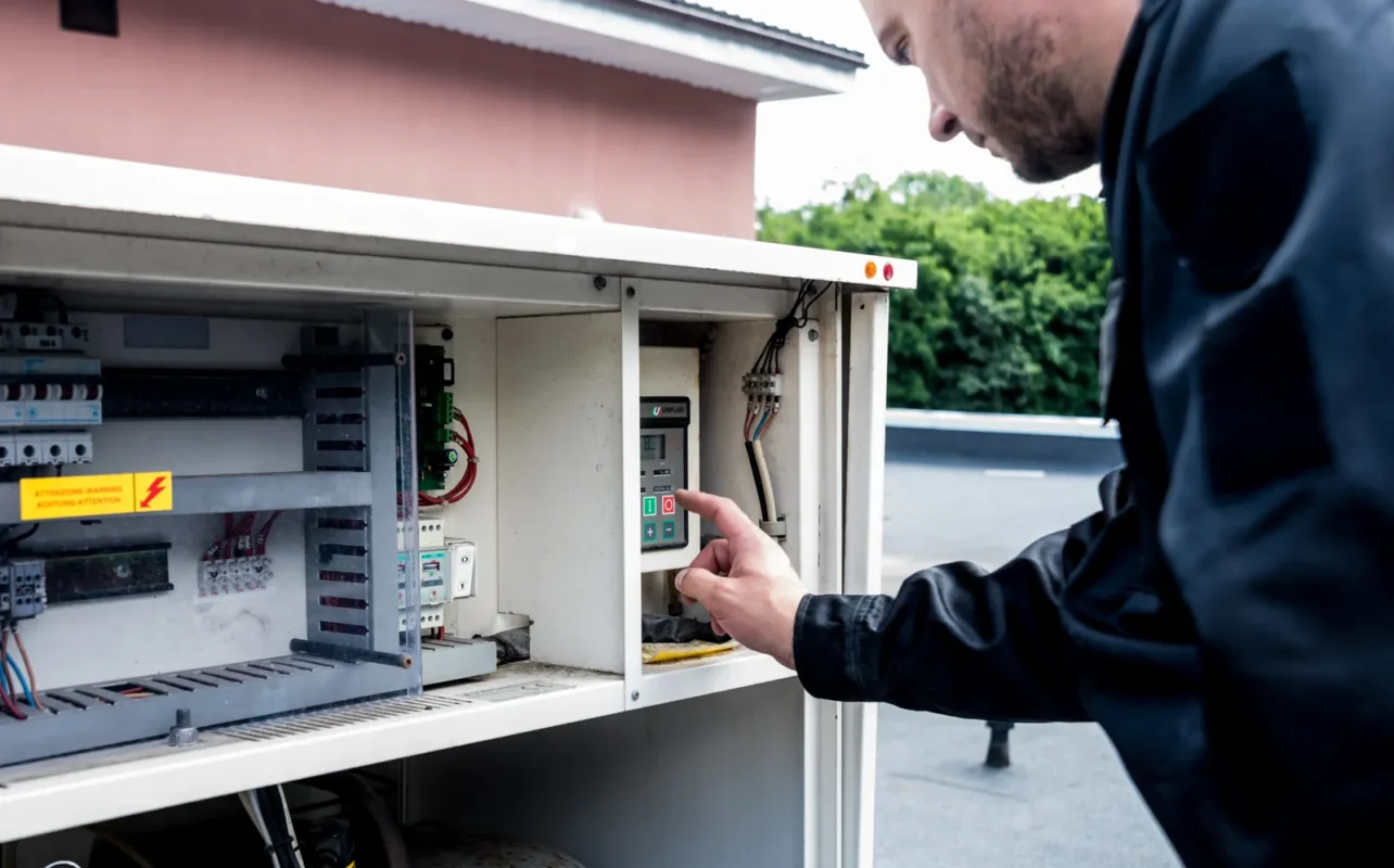 Tecnico verifica pannello di controllo quadro elettrico per accumulo fotovoltaico industriale.