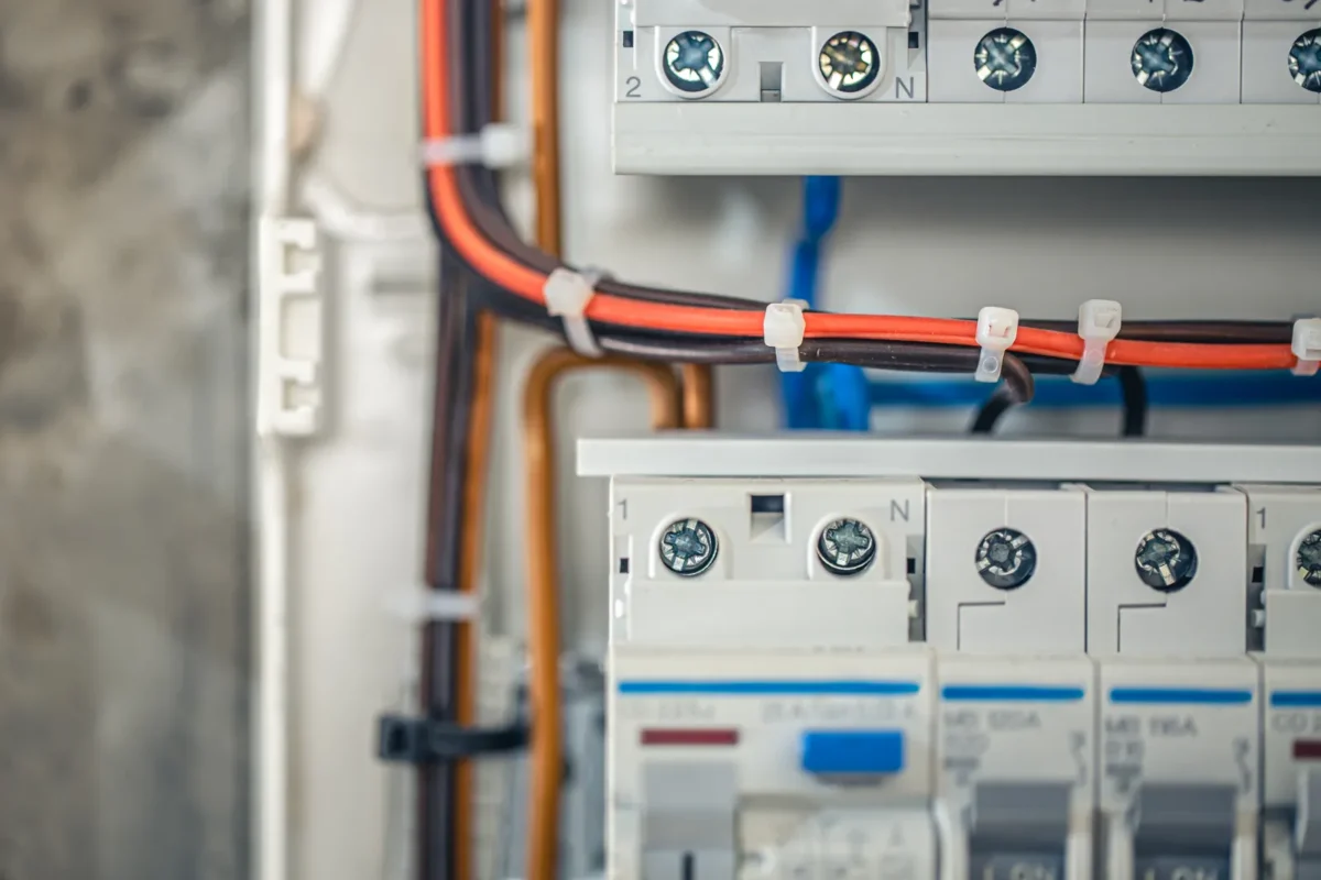 Dettaglio cablaggio quadro elettrico per collegamento inverter trifase fotovoltaico.