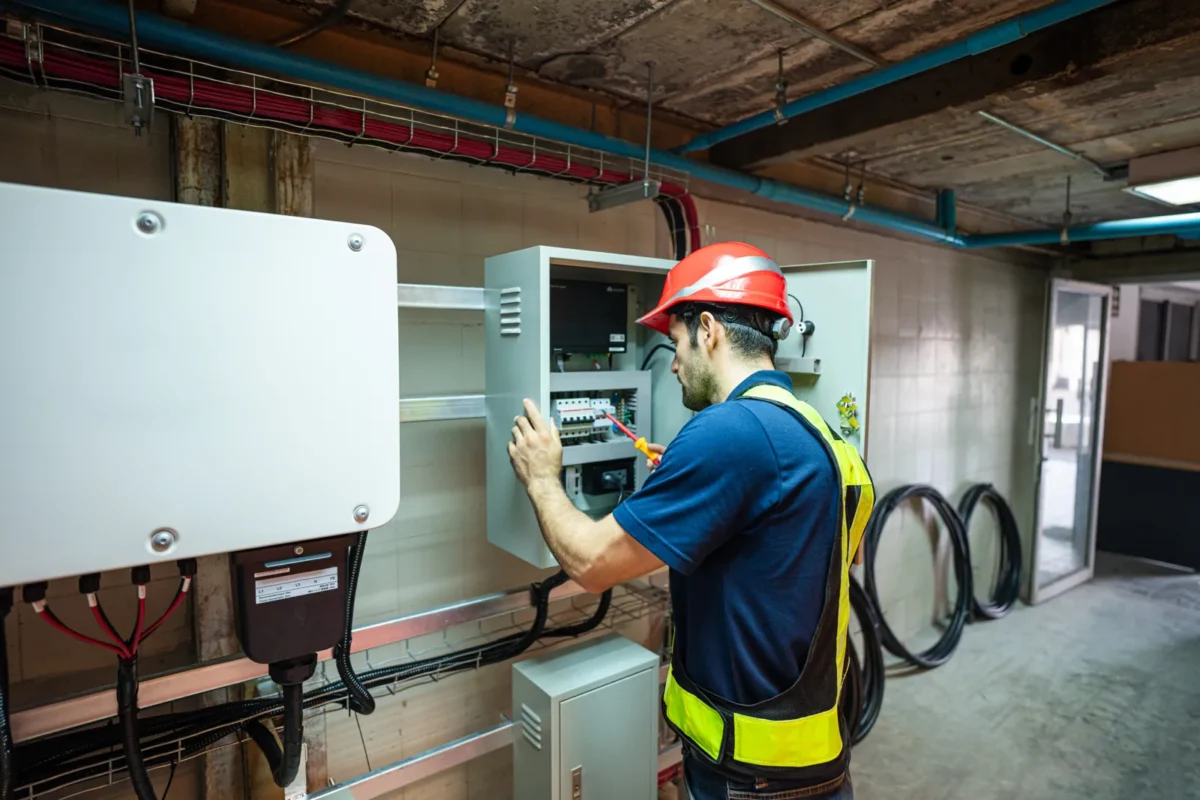 Elettricista specializzato verifica il quadro elettrico di un impianto con inverter solari tradizionali e ibridi.