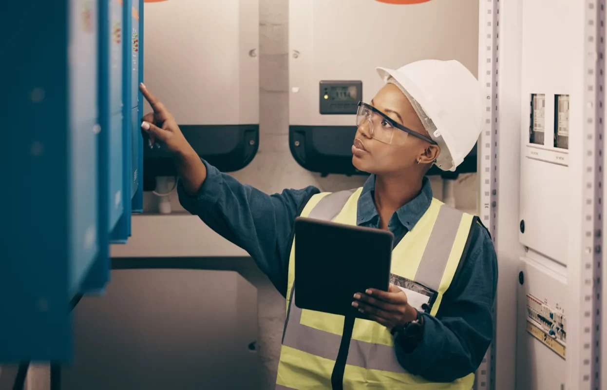 Tecnico che controlla un sistema di accumulo energetico industriale con inverter ibrido per ottimizzare autoconsumo e backup aziendale.